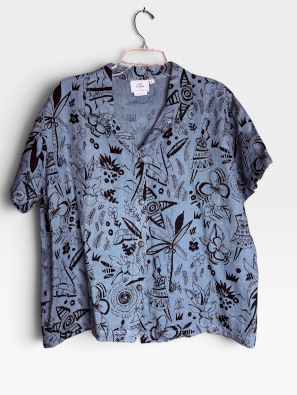 Hot Cotton Marc Ware L 100% Linen Tropical Art Print Shirt Made USA Vintage
